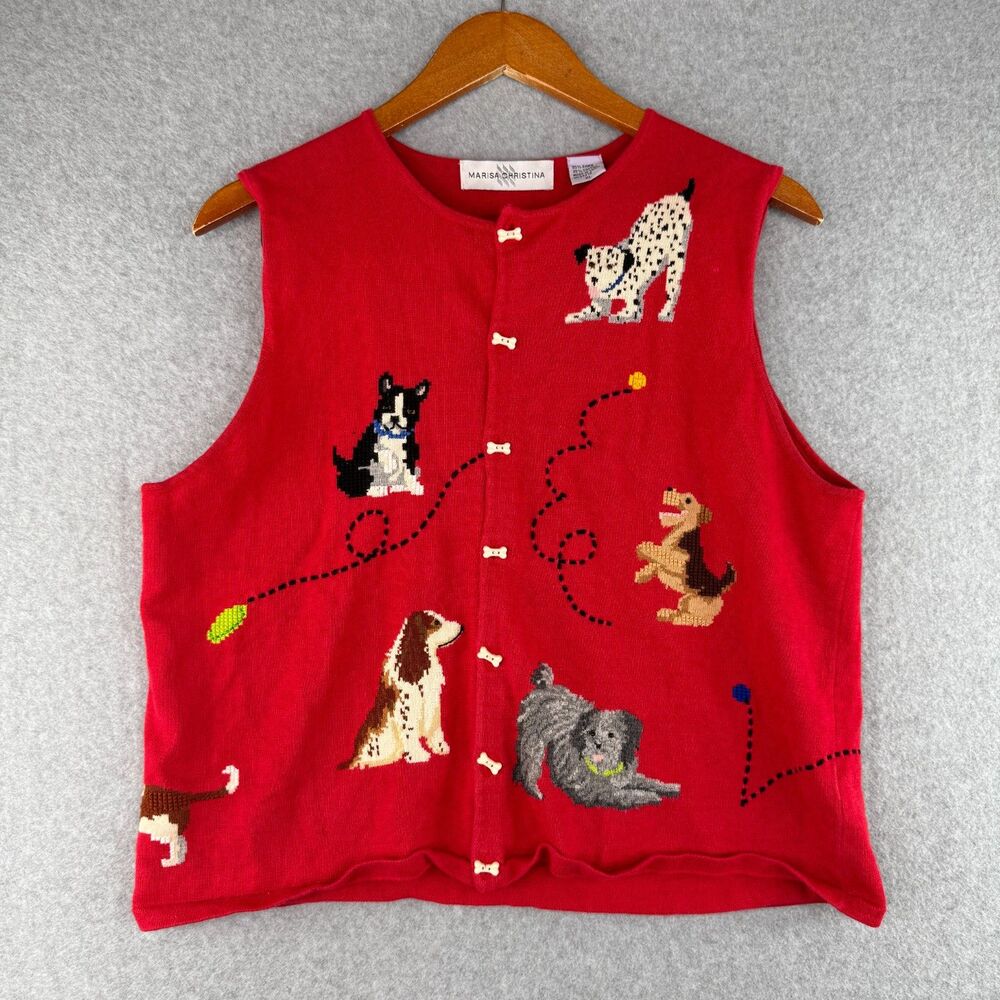 Marisa Christina Red Dogs Cardigan Sweater Vest Cotton Blend Cottage Cabin Core